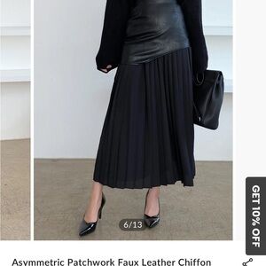 Black Asymmetric Patchwork Faux Leather Chiffon Skirt